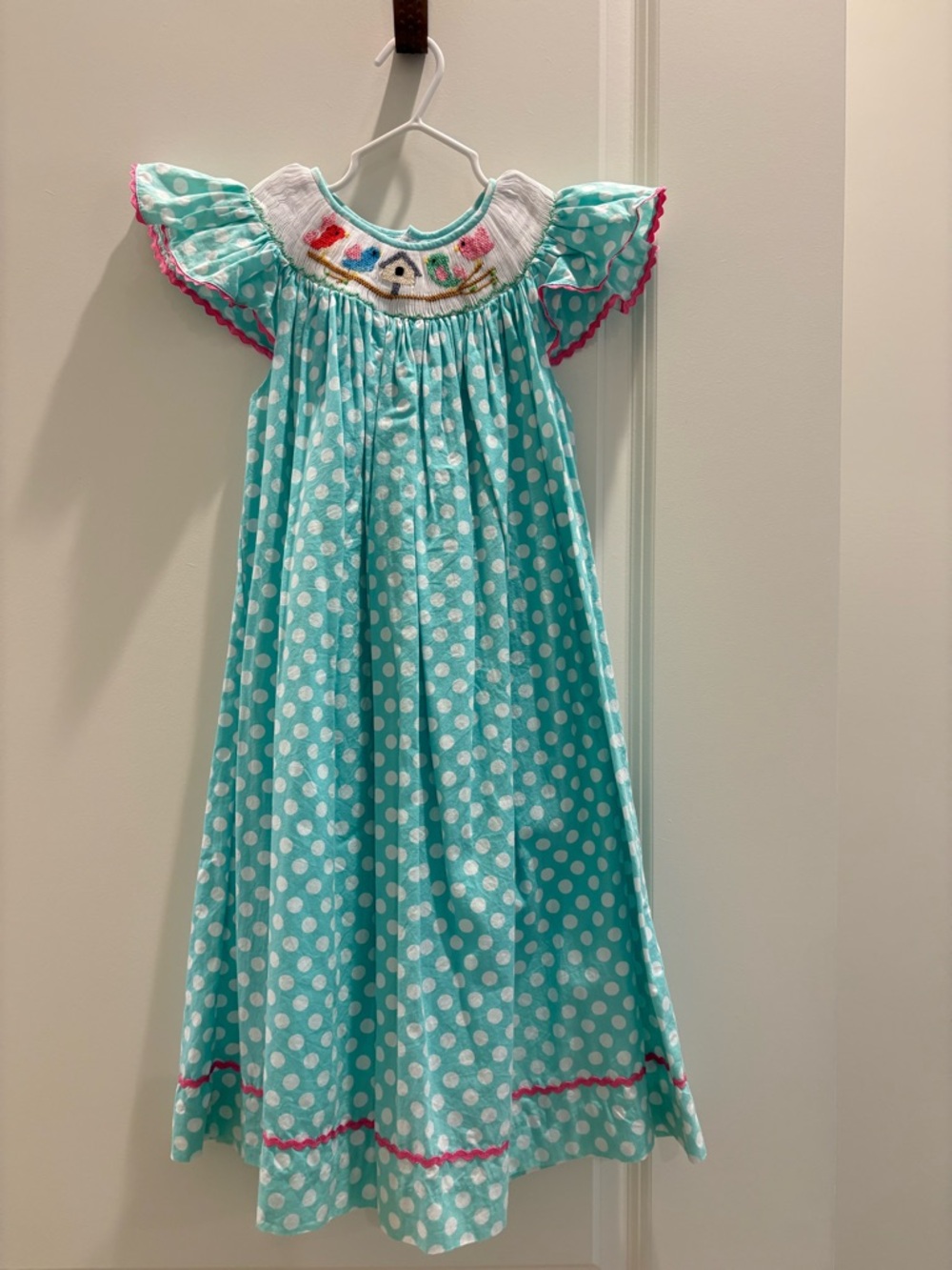 Smocked Bird Dress Girls Aqua Polka Dot Boutique Easter Spring Flutter Sleeve